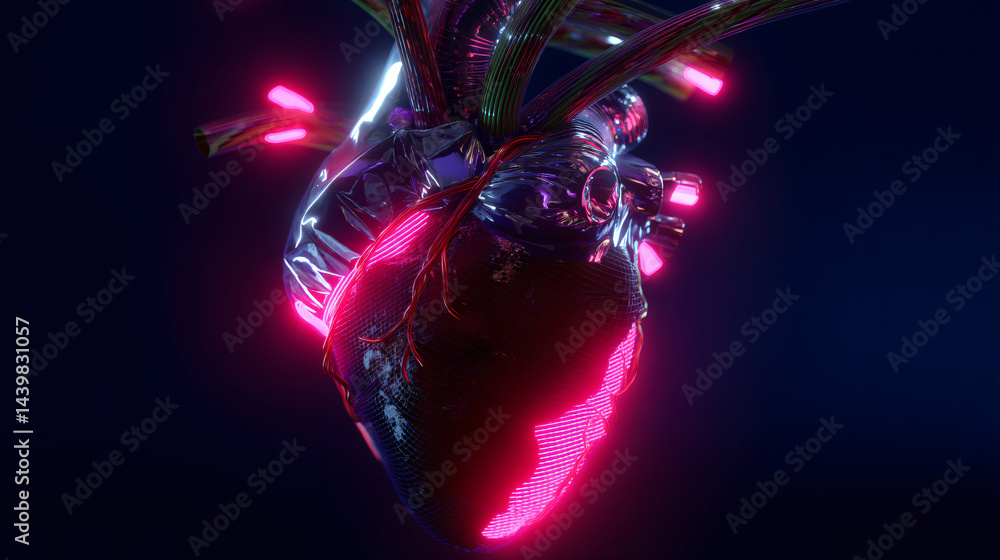 Poster 3d style cybernetic heart with pulsating neon lights and futuristic features.