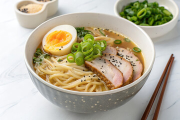 A bowl of ramen with egg pork and green onions on a white surface with chopsticks and condiments
