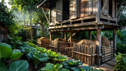 Old wooden stilt house with a vegetable patch and bamboo fence.