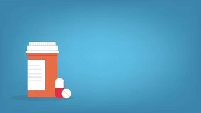 Video drugs icon, pills, capsules and prescription bottles. Medicine animation	
