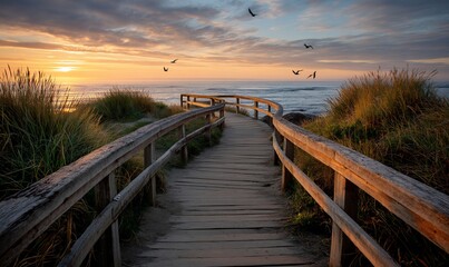 Fototapeta premium Peaceful wooden boardwalk path at sunset over the ocean, leading to the horizon, perfect for nature photography or peaceful moments