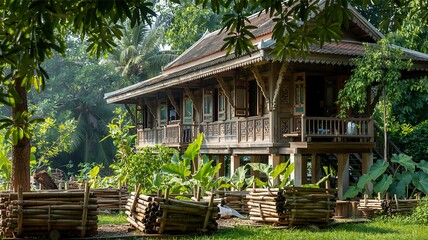 Traditional Thai wooden stilt house in a lush garden