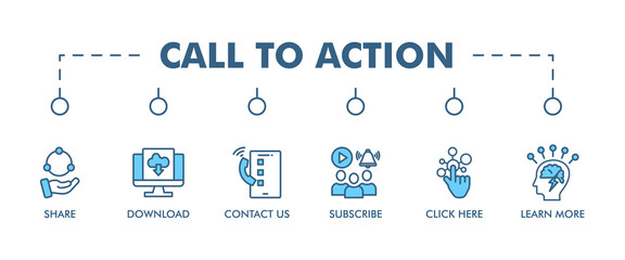 Call to action banner web icon set vector illustration concept with icon of download, share, learn more, watch our video, contact us, subscribe, and click here icons symbol easy to edit