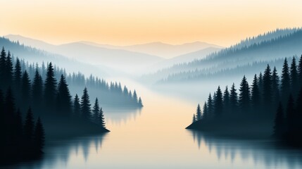 Fototapeta premium Misty Sunrise Over a Calm Lake and Rolling Hills