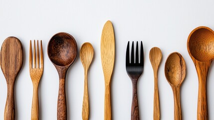 Variety of Wooden Kitchen Utensils on a Minimalistic Background