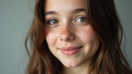 Close-up portrait showcases the natural beauty of a young woman with expressive eyes