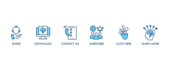 Call to action banner web icon set vector illustration concept with icon of download, share, learn more, watch our video, contact us, subscribe, and click here icons symbol easy to edit