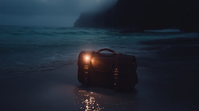 Mysterious leather bag illuminated by warm light on misty beach at twilight