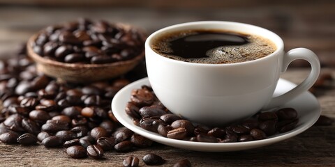 Fototapeta premium Cup of Aromatic Coffee with Rich Crema on a Rustic Wooden Background with Scattered Coffee Beans