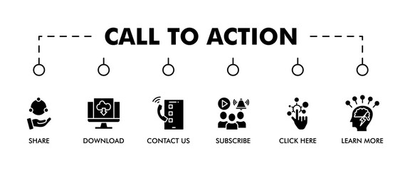 Call to action banner web icon set vector illustration concept with icon of download, share, learn more, watch our video, contact us, subscribe, and click here icons symbol easy to edit