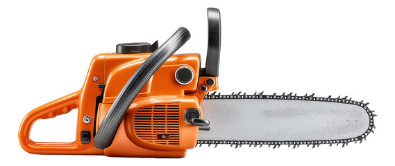 Fototapeta premium Orange chainsaw with metal blade and handle, featuring modern design and sturdy build for cutting tasks.