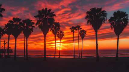 Spectacular Sunset over Tropical Beach with Silhouetted Palm Trees
