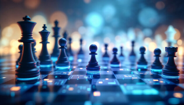 Strategic Showdown: An artistic, digitally-enhanced image, showcasing a captivating chessboard setup with a modern twist, suggesting strategic thinking and intellectual prowess.