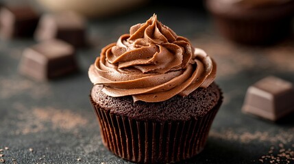 Delicious chocolate cupcake with creamy frosting sweet treat food rich dark brown tasty yummy sugar