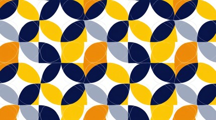 Geometric Pattern of Circles and Leaves in Bright Blue and Yellow
