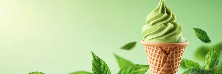 
A green ice cream cone with multiple swirls, the top of which is full of matcha and vanilla ice cream, surrounded by small flowers on its sides,