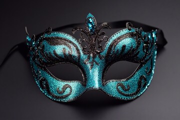 Quinceanera invitation with mask design, in turquoise and black colors, elegant party, party-style mask design.

