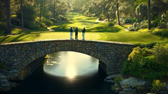 Golfers on stone bridge over serene waterway
