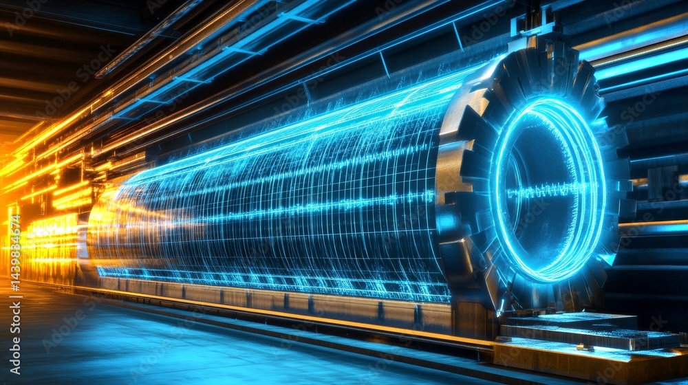 Aufkleber layered hologram visualization of neutrino detection technology in a futuristic lab setting