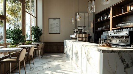 Inviting coffee shop interior with marble counter and natural light ambiance