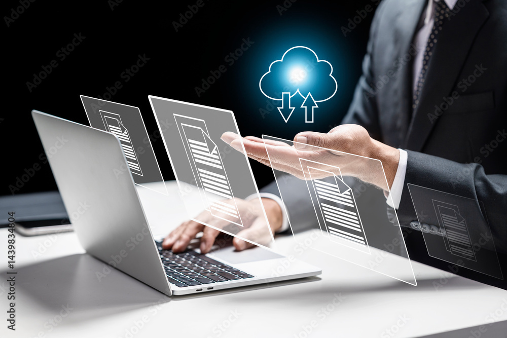 Poster businessman using a laptop while showing an icon of a cloud and files. technology innovation on a vi