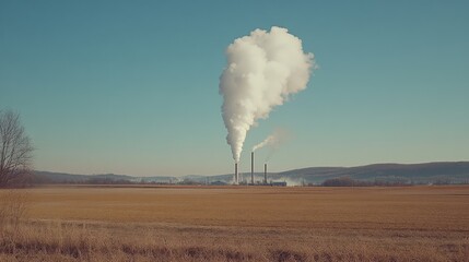 Smoke billows from industrial plant over a golden field