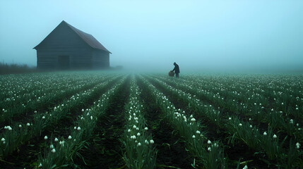 Misty Morning Harvest: A solitary figure gathers crops in a foggy field with a rustic barn in the background