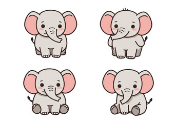 Obraz premium Four cute cartoon elephants in sitting position illustrations