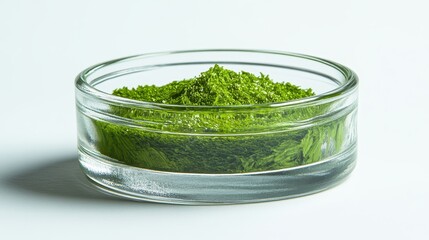 Vibrant Green Matcha Powder in a Clear Glass Bowl on White Surface