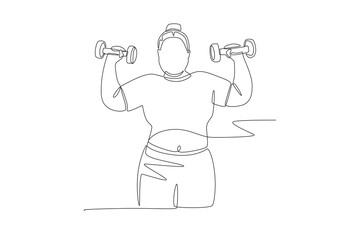Fat woman lifting dumbbells. Overweight woman fitness concept one-line drawing