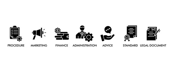 Guideline banner web icon set vector illustration concept with icon of rule, procedure, legal document, standard, administration, advice, finance, marketing