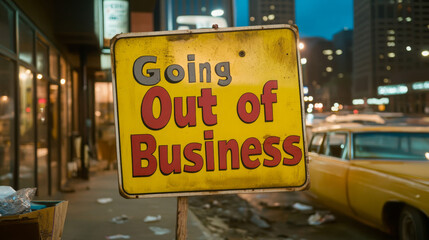 Closed Storefront with 'Going Out of Business' Sign at Night  