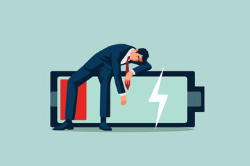 exhausted burnout business man lay down on low battery red color. worker life concept, cartoon vector art