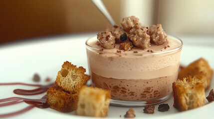 Delight in rich dessert featuring creamy mousse layered with chocolate and topped with crunchy pieces, served alongside sweet bread cubes and drizzle of sauce