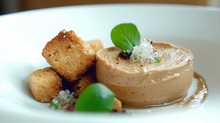 Foie gras mousse served elegantly with toasted bread cubes and garnished with fresh herbs, creating fine dining experience that delights senses