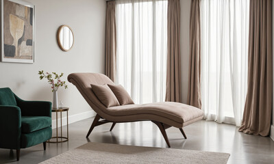 A sleek modern chaise lounge upholstered in soft mocha mousse velvet, placed near a large window with light filtering through sheer white curtains.
