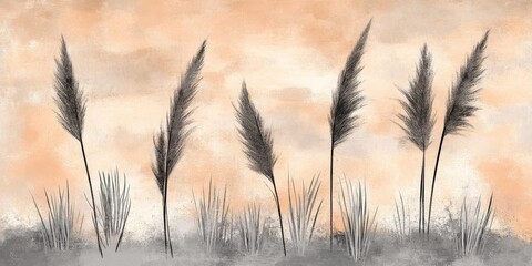 Obraz premium Abstract Watercolor Grasses with Pink Sky Subtle Decorative Nature Background Minimal Design