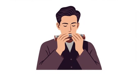 Minimalist street performer playing a harmonica on stark white backdrop elegantly simple
