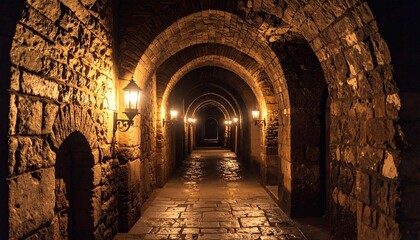 Fototapeta premium An ancient castle corridor features arched stone walls and a cobblestone floor illuminated by warm lights