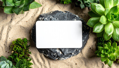Blank white card on stone, green succulent plants on sandy surface. Flat lay. Mock-up. Close-up.