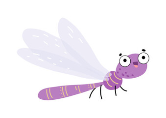Excited dragonfly, isolated tropical insect with big eyes, long tail, clear slim wings and open mouth. Vector funny predatory winged bug with stripes and spots, cute creature with raised eyebrows