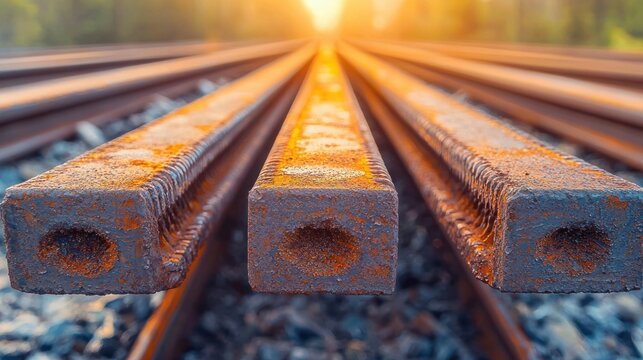 Railway tracks stretch, converging in distant sunset light