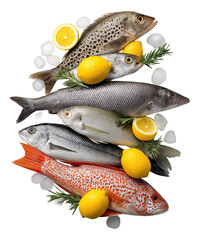 A variety of fresh fish with lemons and rosemary displayed on ice.