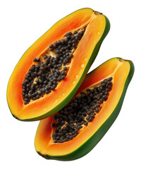Two halves of a ripe papaya with vibrant orange flesh and black seeds.