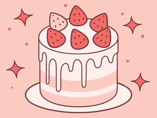 Cute Strawberry Cake Illustration: Pink Layers with Berries and Sparkles