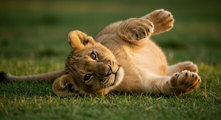 Playful Lion Cub Rolling on Grass at Sunset | Wildlife Photography
