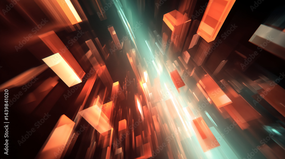 Poster Abstract image of orange and teal rectangular shapes, creating a dynamic, fast-moving effect, symbolizing technology, speed, and futuristic concepts