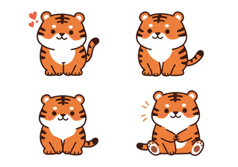 Four cute tiger illustrations in various poses against a black background
