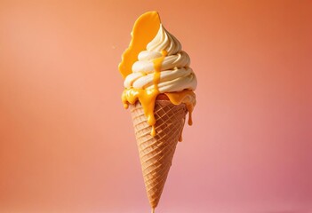 Mango ice cream cone isolated on pastel color background