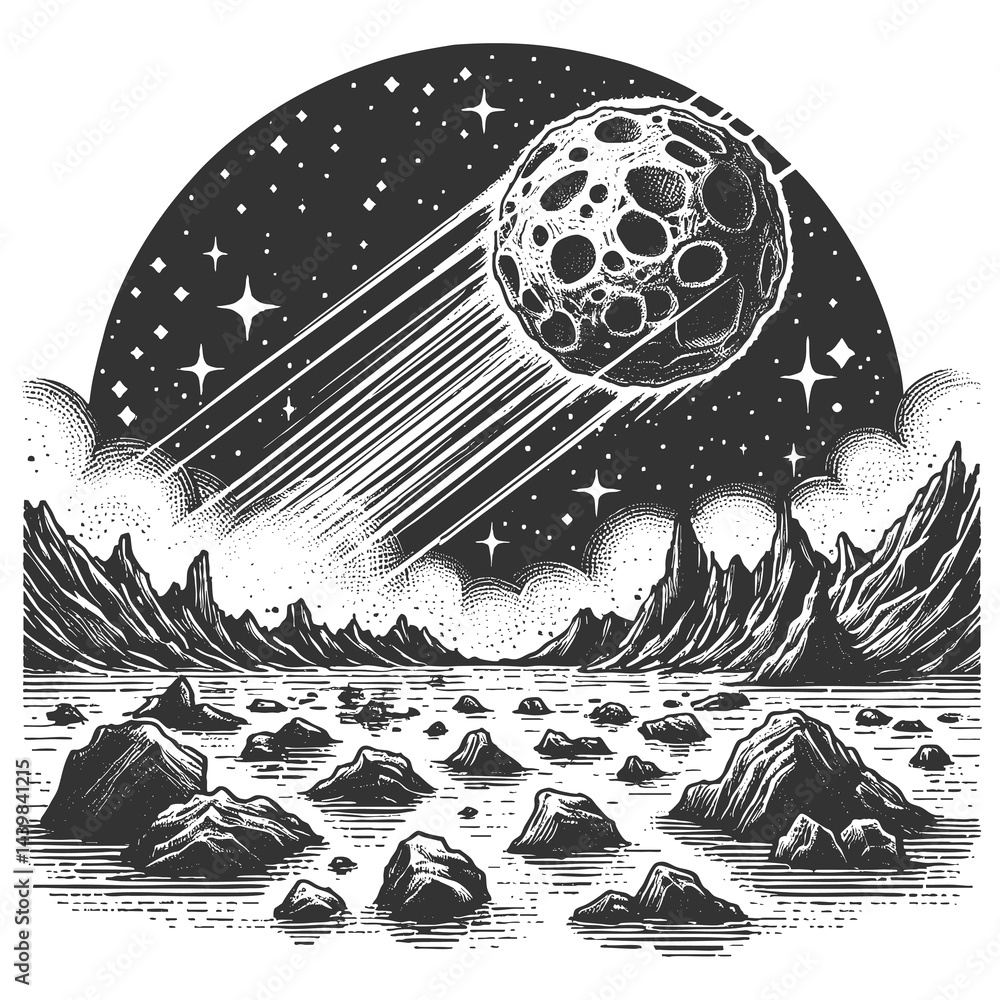 Poster meteor streaking through space above a surreal rocky alien planet under starry skies sketch engravin
